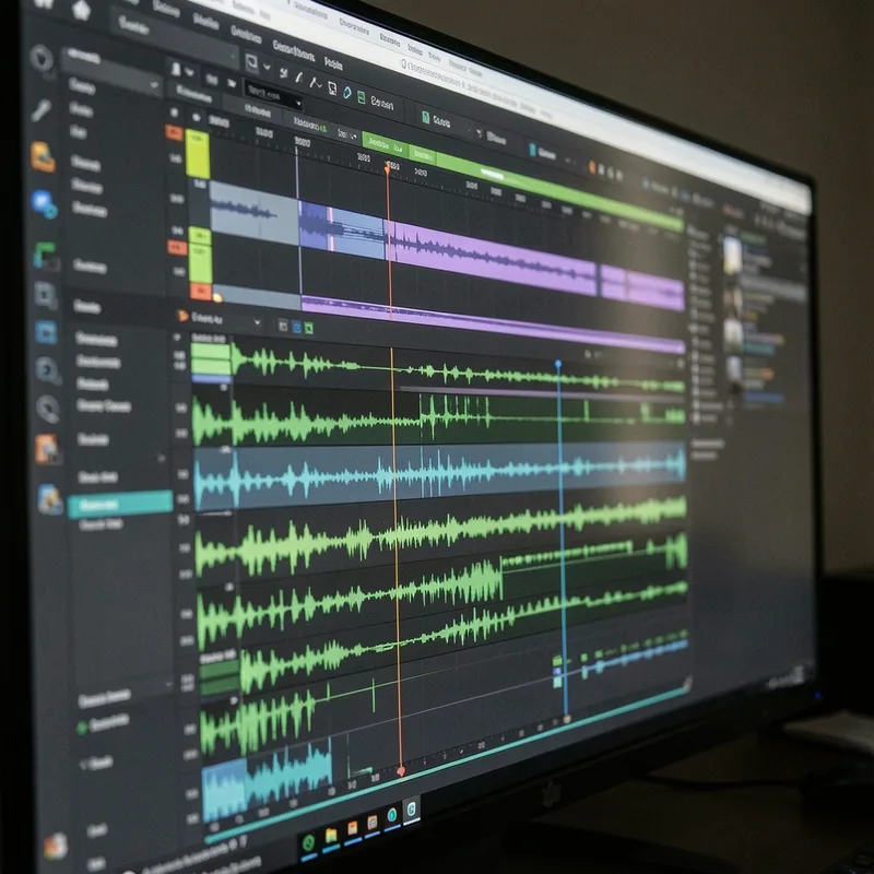 Une timeline de montage vidéo affichée sur un large écran de studio