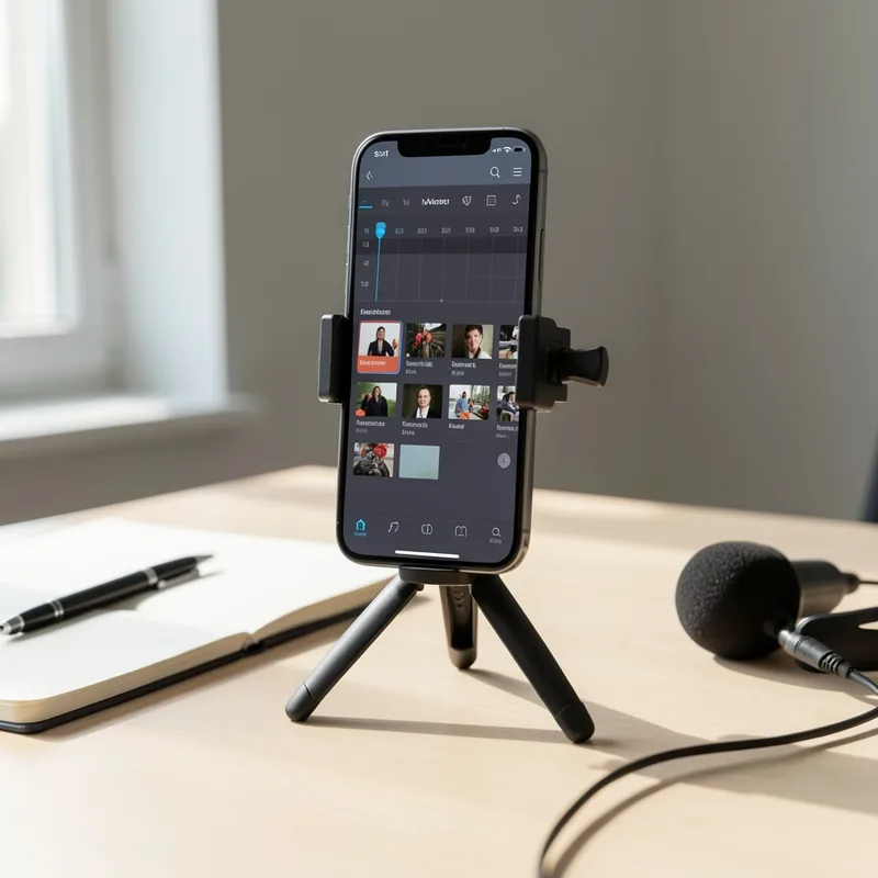 Un smartphone monté sur trépied affichant une application de montage vidéo vertical
