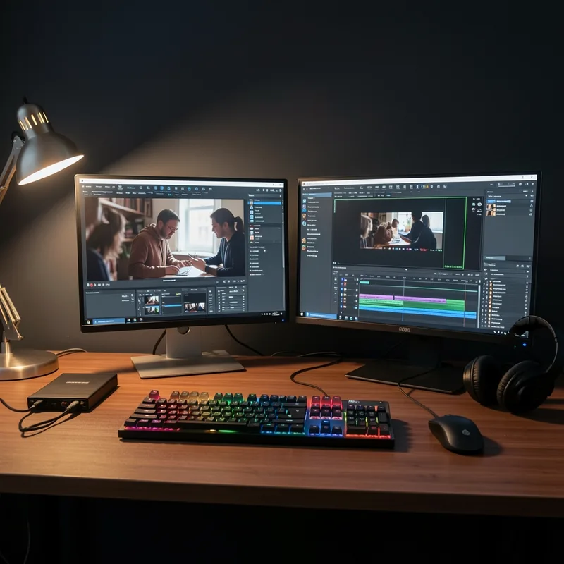 Un poste de montage vidéo avec deux écrans, un clavier dédié et un disque externe