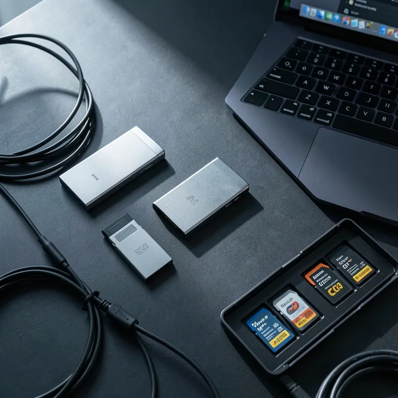 Des disques SSD externes et des cartes mémoire posés près d&rsquo;un ordinateur portable de montage