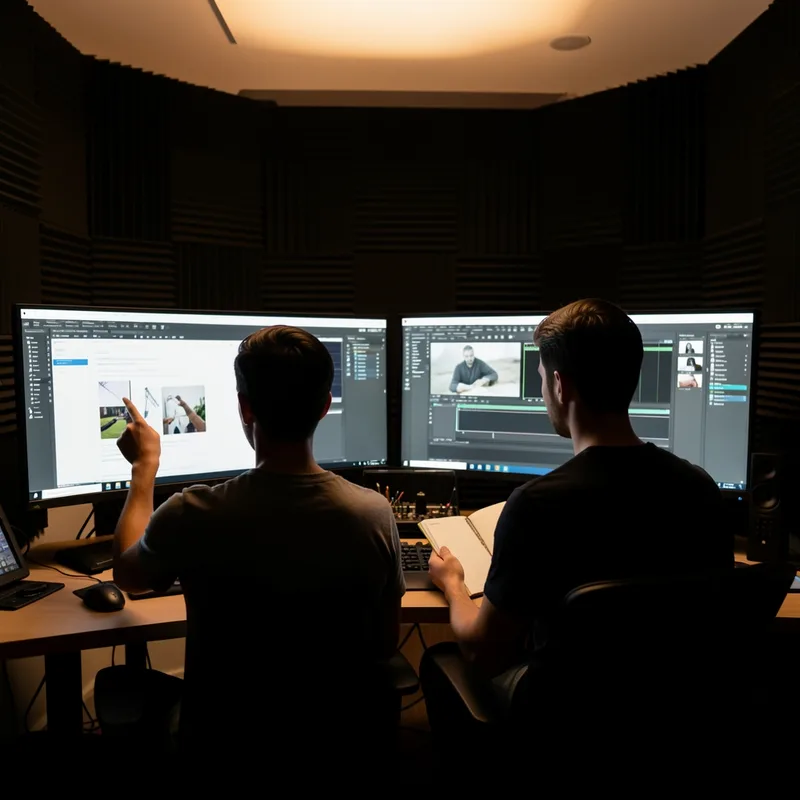 Deux monteurs vidéo travaillant côte à côte sur une même séquence en salle de post-production