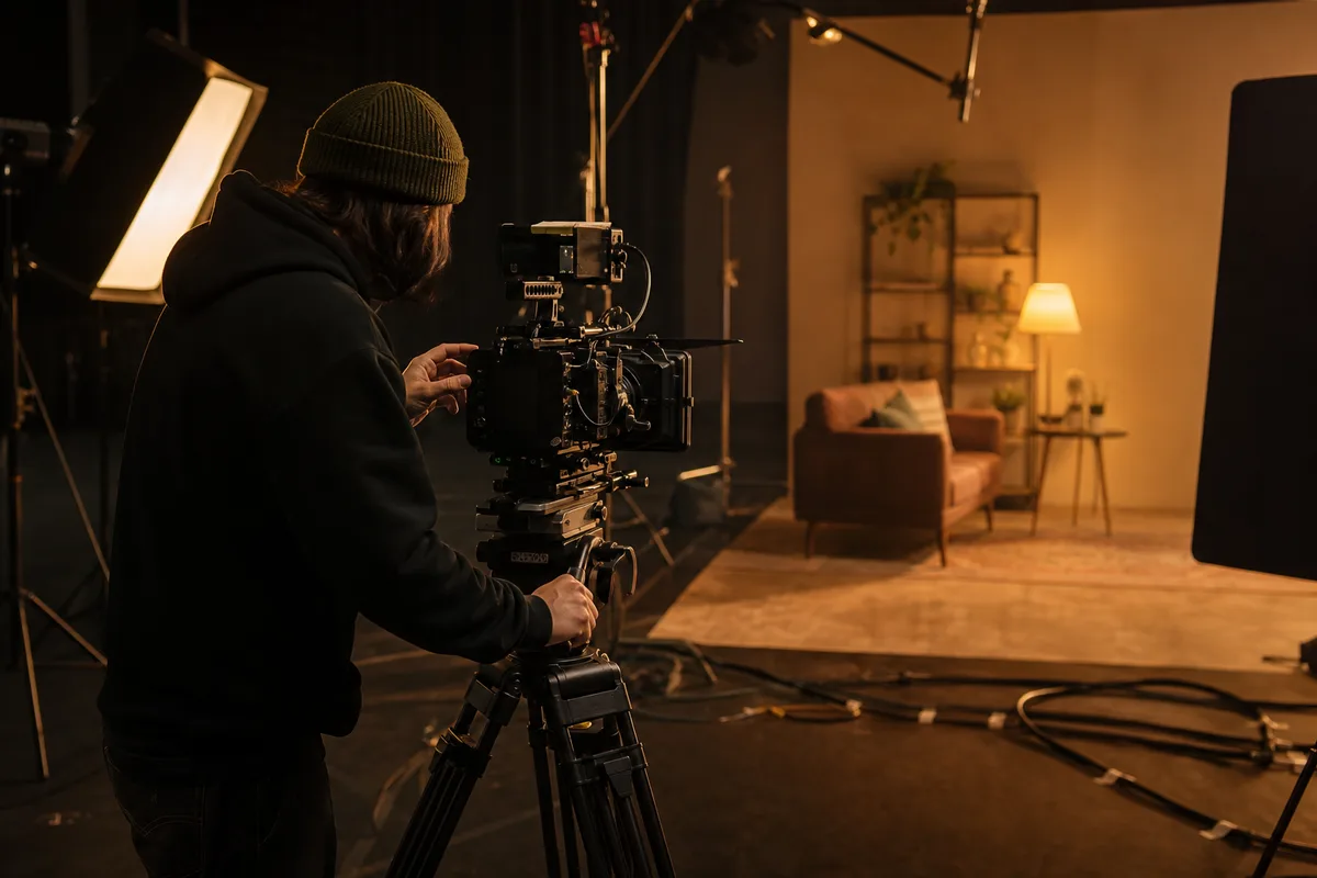 Un opérateur règle sa caméra sur un trépied lors d&rsquo;un tournage en intérieur