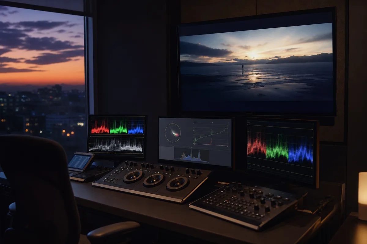 Une station d&rsquo;étalonnage avec scopes de mesure et image de film en cours de correction