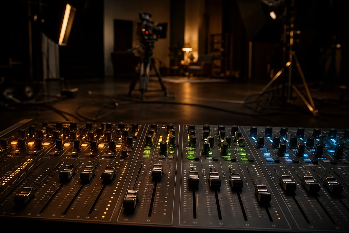 Une console de mixage audio avec pistes de dialogue, ambiance et musique