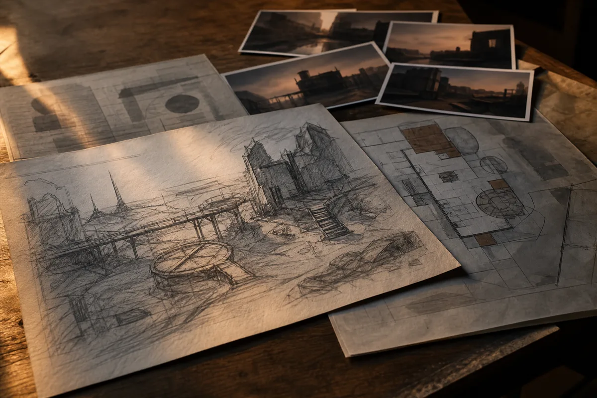 Un croquis de repérage posé sur une table avec plan du décor et photos du lieu