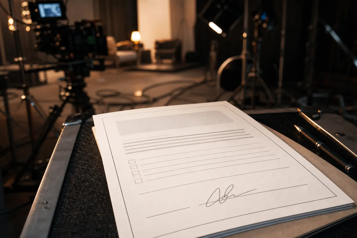 Un formulaire d’autorisation de droit à l’image signé sur un plateau de tournage